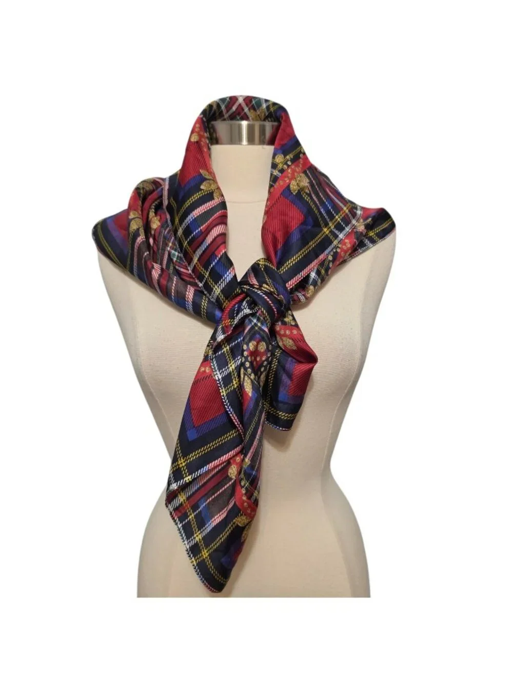 Talbots 100% Silk Square Scarf Plaid Tartan Chain NWT Red Blue Gold Equestrian
